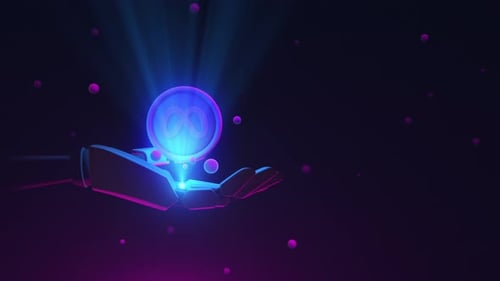 Futuristic Robot Hand Animating Metaverse Coin in Neon Glow