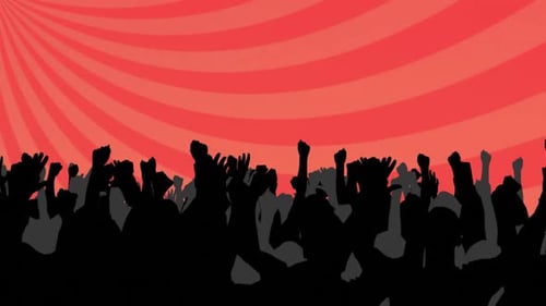 Silhouettes of people dancing and rotating red stripes moving in seamless loop