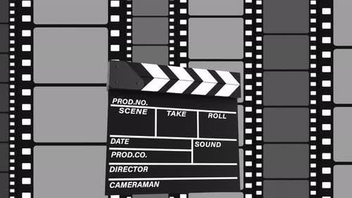 Film Clapperboard Animation with Scrolling Filmstrip Background