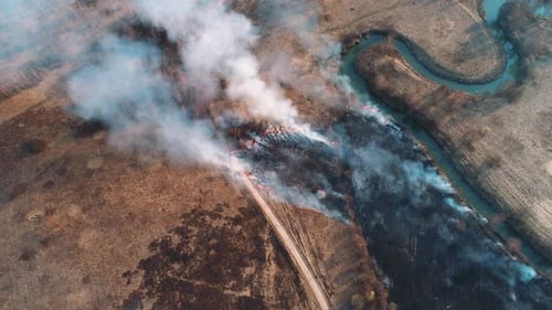 Strong Fire in an Empty Field, Heavy Smoke From a Burning Place. The Spread of the Fire Is Stopped