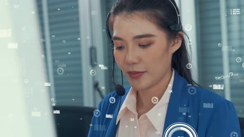 Woman Working in Call Center With Digital Graphics