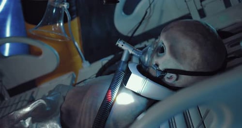 Alien est allongé sur une table d'opération sous un appareil de respiration artificielle