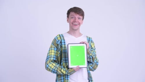 Enthusiastic Man Presents Chroma Key Tablet