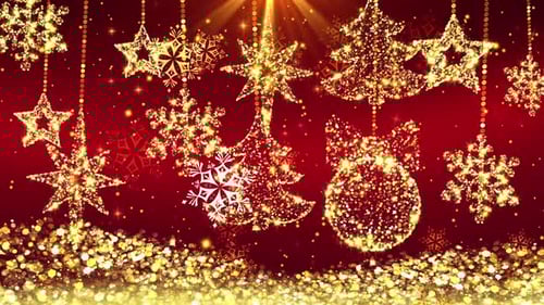 Sparkling Golden Christmas Ornaments on Red Background Loop