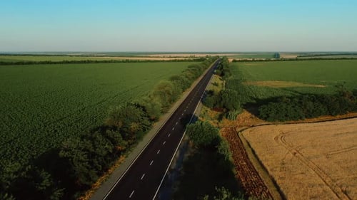 Flying High Over the Asphalt Road Among the Fields