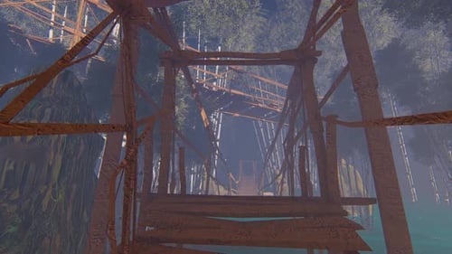 Journey Across a Rustic Wooden Bridge Through a Mystical Bamboo Forest