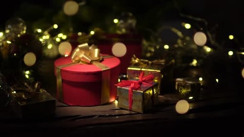 Christmas background with red gift boxes.