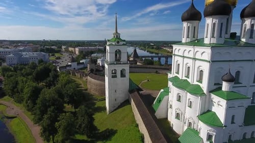 Aerial of Pskov Kremlin and Trinity Cathedral