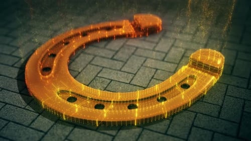 Glowing Golden Horseshoe Rotating with Digital Particles