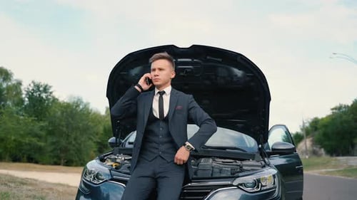 Young Man in Suit Talking on Phone by Car