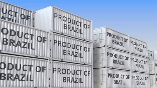 Containers with PRODUCT OF BRAZIL Text in a Container Terminal