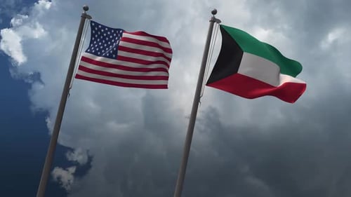 Waving Flags Of The United States And The Kuwait 4K