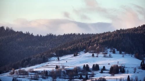 Winterlandschaftswolken ziehen in der Abenddämmerung über den Fichtenwald