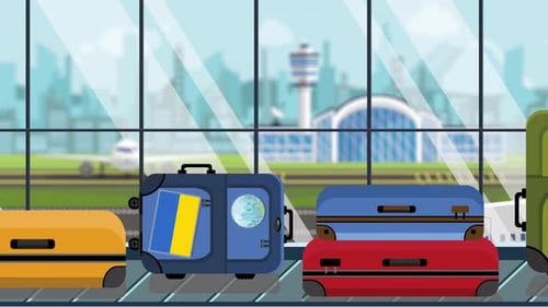 Animated Suitcases with Ukrainian Flag at Airport Conveyor