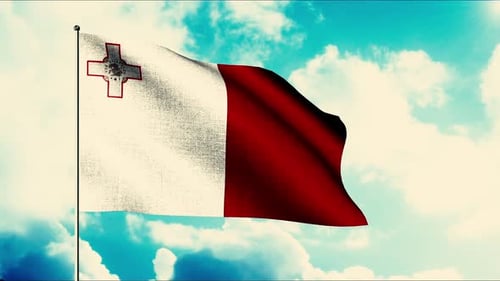 Realistic Malta Flag Waving Against Cloudy Blue Sky