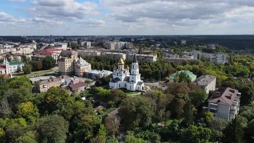 Aerial Shot The City Zhytomyr. Holy Cross Assembly Cathedral Of The Uoc. Ukraine