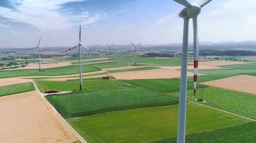 Wind Turbines in Green Rural Landscape Aerial
