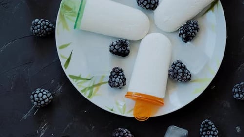 Top view of Homemade ice cream with with blackberry on the plate