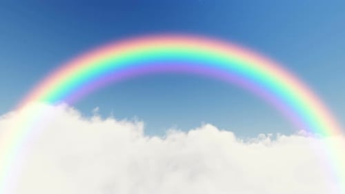 Bright Rainbow Appearing Over Moving Clouds Sky Background