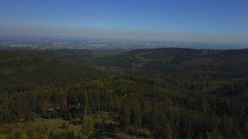 AERIAL: Flight Over German Forest with City in the Back, Frankfurt, Germany, Sunshine