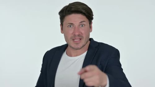 Furious Man Arguing and Pointing on White Background