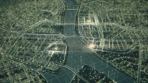 Futuristic Digital City Map with Glowing Data Network Animation