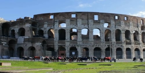 Italian Colosseum, Horse-Drawn Carriages, Clear Sunny Day