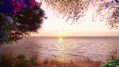 Peaceful Ocean Sunset Scene with Gentle Waves and Flowering Trees