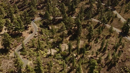 Shot From Above of a Blue Car Driving in the Road Along the Valley