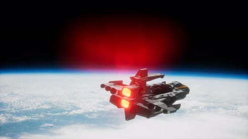 Futuristic Spaceship Orbiting Earth with Glowing Engines