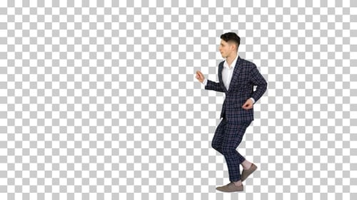 Cooler Mann im formellen Outfit beim Gehen und Tanzen, Alpha-Kanal