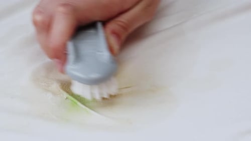 Hand Scrubbing a Stain with a Cleaning Brush