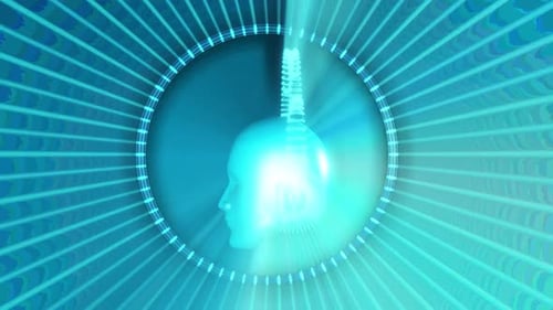 Futuristic Digital Head Animation with Glowing Cyber Elements