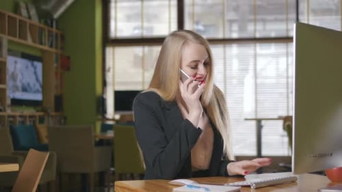 Woman Working on Computer at Office While Talking on Phone