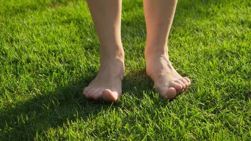 Nahaufnahme weiblicher nackter Füße, die an einem heißen Sommertag stehen und frisches grünes Gras genießen