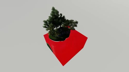 Océano rojo isométrico junto a la casa cerca del bosque