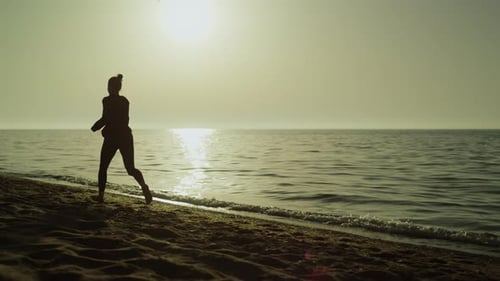 Fast Woman Running Alone Sand Beach at Sunset