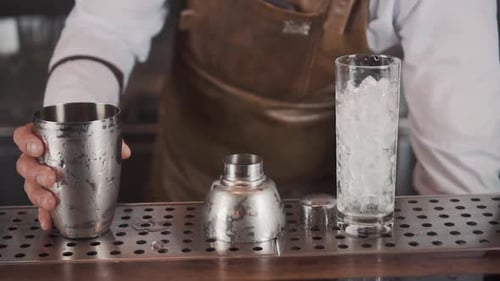 Barman Preparing Cocktail with Ice in Shaker