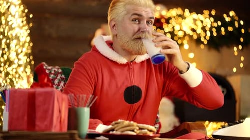 Man Drinking Milk and Eating Cookies at Christmas