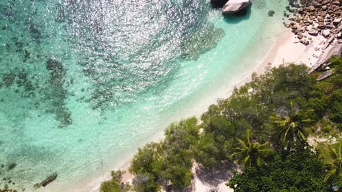 Aerial View Top View Drone Move Beautiful Topical Beach with White Sand