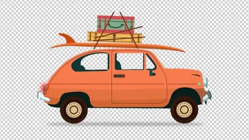 Animated Flat Design Car with Luggage and Surfboard for Travel