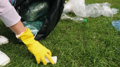 Collecting Plastic Bottles and Trash on Green Grass