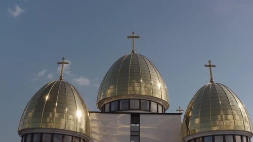 Dome of the Church Aerial View Traditional Old Church in City Lviv Ukraine Cloudy Sky Background