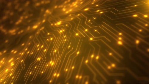 Digital Circuit Board Animation with Glowing Data Flow