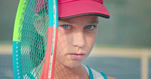 Focused Young Tennis Player with Racket Close Up