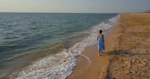 Beautiful young girl standing on the beach by the sea in a blue dress