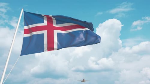 Iceland Flag Waving with Airplane in Sunny Sky