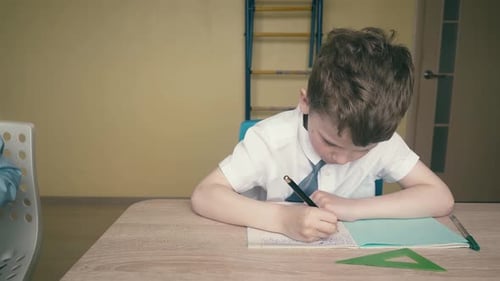 Young Boys Studying at Desks in Classroom
