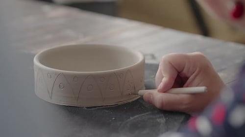 Woman Hands During Painting on Ceramic Plates
