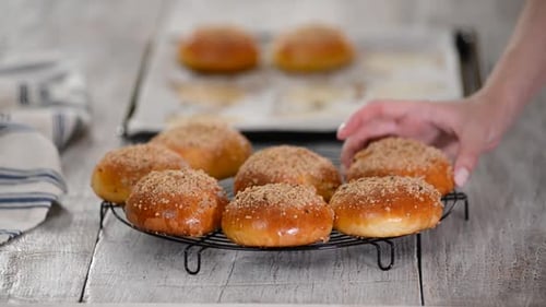 Homemade Yeast Buns with Crumble on Cooling Rack. Sweet Bread